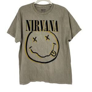 Officially Licensed Nirvana Nevermind Smiley Grunge Tee Beige Acid Wash Large